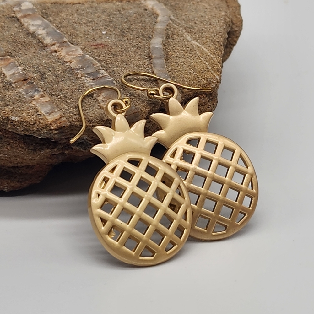 Gold Enameled Pineapple Earrings Rio Lightweight Hypoallergenic Jewelry